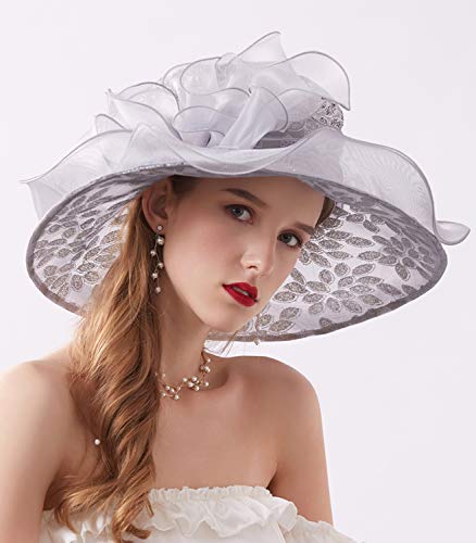 ORIDOOR Women’s Organza Church Tea Party Wedding Fascinator Derby Hat Wide Brim Sun Hats - color: A-grey
