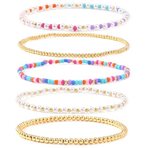 14K Gold Plated Beaded Bracelets Stack Set for Women,Stretch Boho Colorful Beads Ball Jewelry Friendship Summer Trendy - color: Colorful