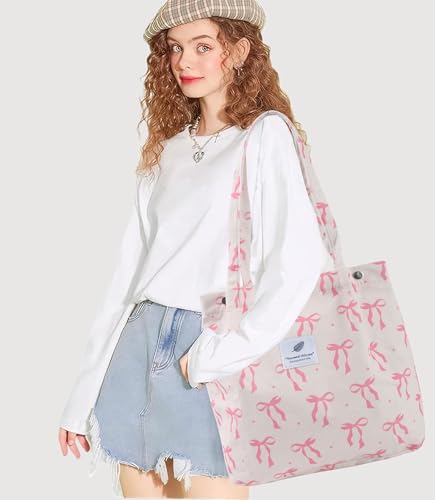 Corduroy Tote Bag for Women Small Canvas Shoulder Purse Cord Handy Bag with Inner Pocket | with Front Pocket - color: 03 Pink Bow