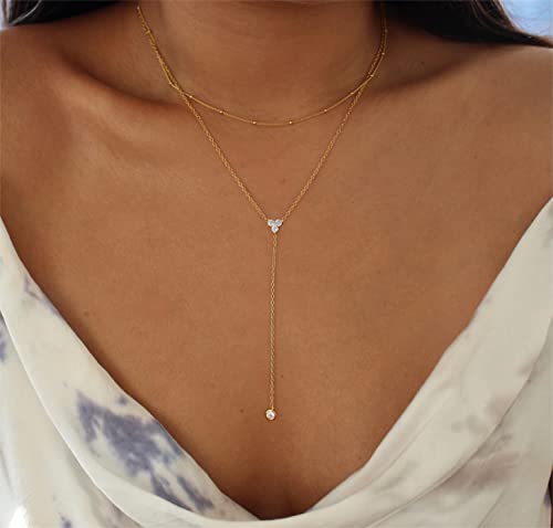 Foxgirl Lariat Gold Necklace for Women, Dainty Long Necklace 14k Gold Plated/Silver Y-Shaped Pendant Necklace Trendy Layered Cz Beaded Chain Drop Necklaces Simple Gold Jewelry For Women Gift - color: Y Layered CZ Necklace-GD