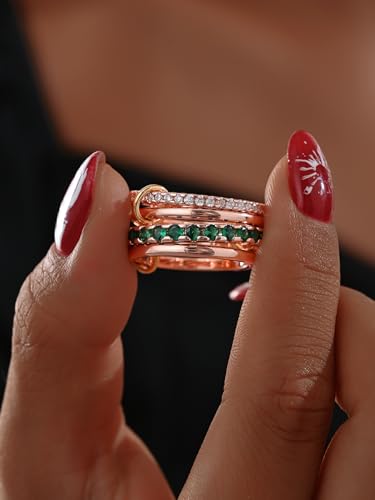 HERSIN Stackable Interlocked Rings for Women Non Tarnish, 18K Rose Gold Plated Green Cubiz Zirconia Ring Chunky Rings Mixed Metal Multi Ring Dainty Stacking Rings Set Gold Jewelry for Women Gifts - color: RoseGold