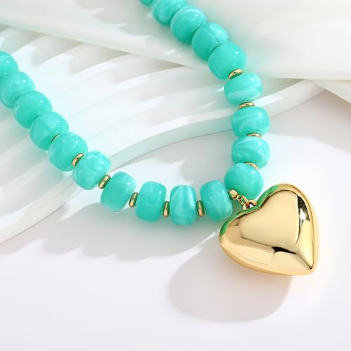 WOWORAMA Chunky Heart Necklaces for Women Colorful Resin Beaded Choker Necklace Gold Puffy Heart Statement Necklace Trendy Acrylic Choker Jewelry - color: Blue