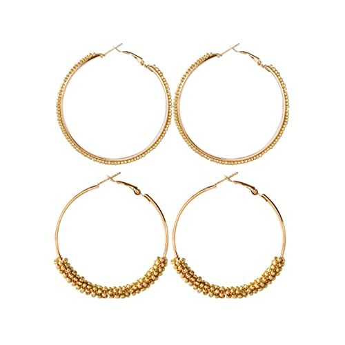 2 Pairs Bohemian Colorful Beads Circle Round Hoop Earrings Gold Hoop Dangle Earrings for Women Vintage Boho Jewelry - color: yellow