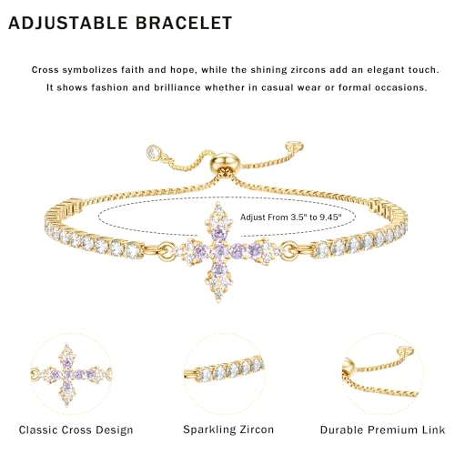 VIBILIA Bracelets for Women, Cross Bracelets for Women Trendy, Dainty Tennis Bracelet, Catholic Gift for Mom Daughter Wife Sister Friend, Communion Gift on Birthday Valentine's Day Easter Mother's Day - color: C. Gold-Purple