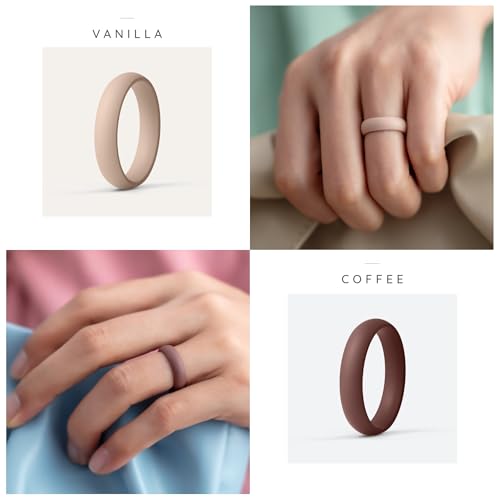 ThunderFit Silicone Bridal Rings Set for Women, 5.5mm Wide, 2mm Thick, Wedding Rubber Bands, Variety Multipack 1-12 - color: Pack E: Charcoal Black, Warm Peach, Cream Beige, Cocoa Brown, Sand Brown, Pure White, size: 4.5 - 5 (15.70mm)