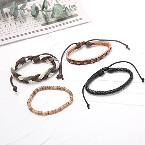 HZMAN Wrap Bracelets Men Women, Hemp Cords Wood Beads Ethnic Tribal Bracelets, Leather Wristbands - style: Cross Braided