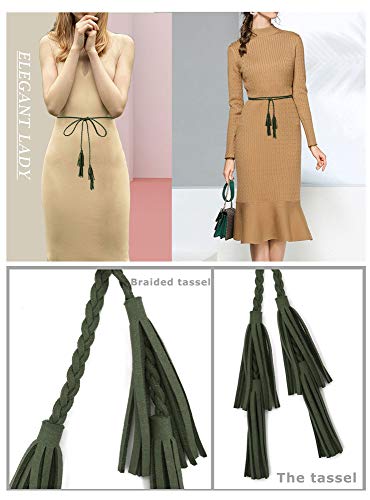 TeeYee Women Girls Multi Colors Braided Waist Tie Belt/Rope/Chain with Tassel Fringe Wrap Cloth Belts for Ladies Dress Pants - color: Army Green