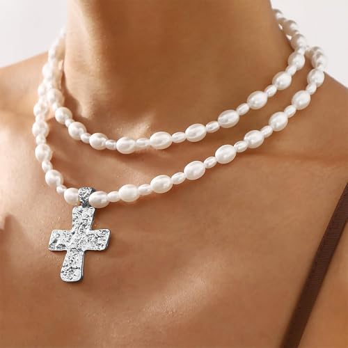 Chunky Cross Necklace for Women Chunky Gold Necklace Statement Cross Pendant Vintage Toggle Clasp Necklace Jewelry for Women - color: E2-Silver Cross Necklace