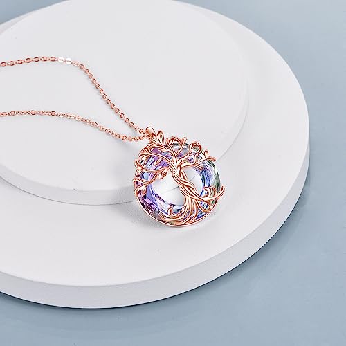 TOUPOP Tree of Life Necklace Gifts for Women 925 Sterling Silver Family Tree Pendant with Crystal Birthday Irish Jewelry Gifts for Women Her Wife Mom - color: 02-Rose Gold-Purple Crystal