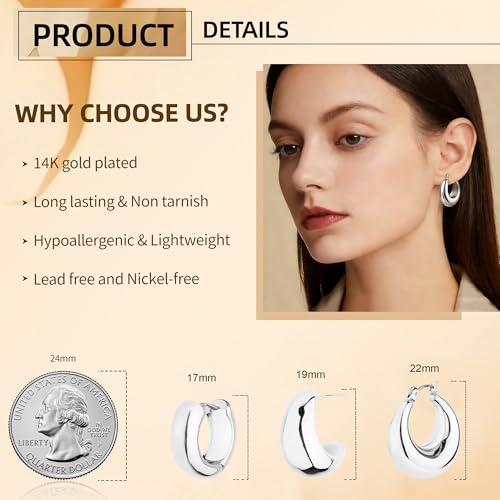 HILXURY Gold Chunky Hoop Earrings Set for Women, 14K Gold Plated Twisted Huggie Hoop Earring Hypoallergenic, Thick Open Hoops Set Lightweight - color: 3 silver hoops chunky