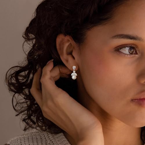 Pearl Earrings for Women, Dainty Wedding Bridal Earrings 14k Gold Plated CZ Pearl Drop Earrings for Women Trendy Hypoallergenic Unique Gold Drop Earrings Fashion Prom Jewelry - color: Gold-E