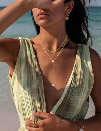 iF YOU Lariat Gold Long Necklaces for Women Trendy, Dainty 14K Gold Plated Drop Chain Necklace, Layered Rosary Beaded Y Necklaces Summer Beach Jewelry Gifts - color: Bead CZ layered necklace-GLD