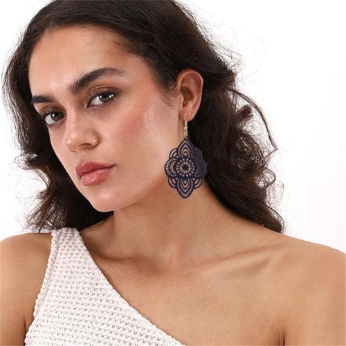 Bohemian Wood Earrings Natural Retro Lightweight Hollow Pattern Geometric Wooden Dangle Drop Earrings Statement Vintage Jewelry - color: Blue Earrings
