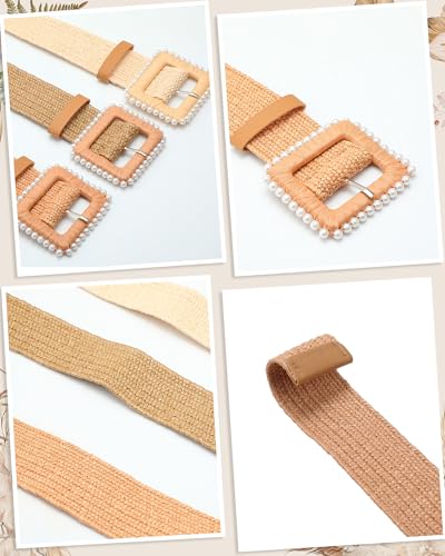 WILLBOND 3 Pcs Women Straw Stretch Belt Elastic Rattan Belts Straw Boho Raffia Belts for Ladies Woven Waist Belt for Dresses - size: Medium, style: Elegant