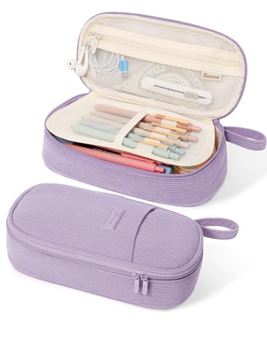 SUNEE Cute Pencil Case, Large Pencil Pouch, Soft Corduroy Fabric Big Pencil Bag with Zipper, Kawaii Pen Bag Stationery Storage and Organizer, School Supplies for Teen, Student, Boys,Girls, Soft Purple - color: Soft Purple