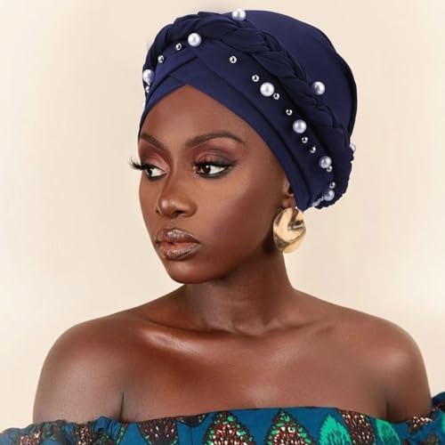 African Women Turban Caps Pre-Tied Twisted Turbans Head Scarf for Women Hair Wraps Cover Beanie Cancer Chemo Headwear - color: 1 Pack Twisted Braid: Pearls Navy Blue