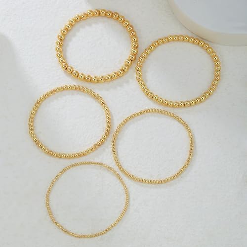 Gold Bracelets for Women 14K Gold Plated Beaded Non Tarnish Bracelets Stretch Bead Ball Bracelet Stack Set Jewelry for Gifts - color: A SET 5PC