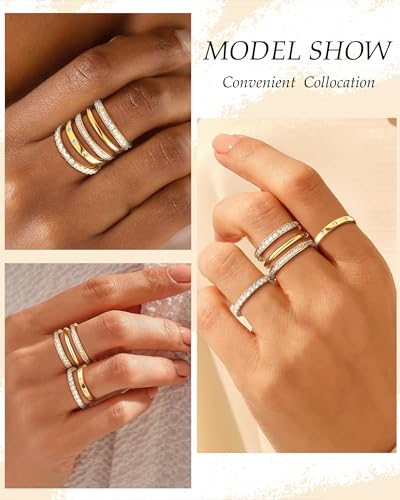 TOBENY Stackable Gold Rings for Women Non Tarnish Dainty 14K Gold Plated Stacking Cubic Zirconia Thumb Ring Set Trendy Statement Promise Wedding Bands Engagement Rings for Women Size 6 7 8 9 10 - color: 03-5Pcs Stacking Rings