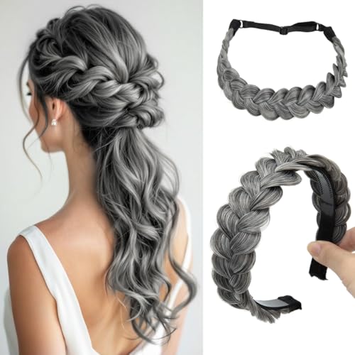 CJL HAIR 2PCs Braided Headbands Hair Piece for Women Synthetic Hair Hoops Head Bands Handmade Braid Hairband Accessories Elastic Stretch Headwrap Dark Grey - color: 2PCS-Dark Grey
