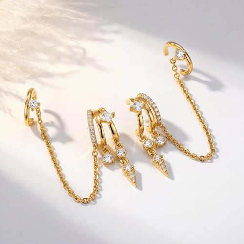Triple Huggie Stacked Earrings for Women Gold Chain Drop Dangle Earrings Cute Statement CZ Earrings Trendy Dainty Jewelry Gift - color: Gold 10