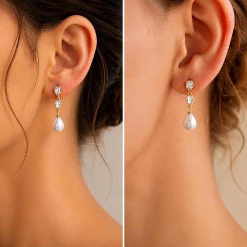 Pearl Earrings for Women, 14k Gold Plated Trendy Diamond Pearl Drop Earrings Hypoallergenic Dainty Bridal Gifts Wedding jewelry for Women - color: E- Gold