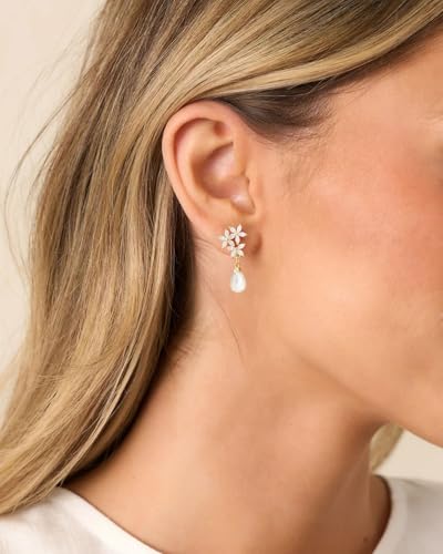 Pearl Earrings - 14K Gold/White Gold/Rose Gold Plated Cubic Zirconia CZ Diaomond Accented Pearl Drop Dangle Earrings for Women Wedding Bridal Prom - color: Flower