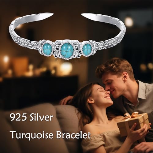 Genuine Turquoise Bracelet Cuff Bracelet for Women Mom 925 Sterling Silver Natural Turquoise Bangles Vintage Bracelet Boho Jewelry for Birthday Christmas Mother's Day Valentine's Day - style: Feather 2