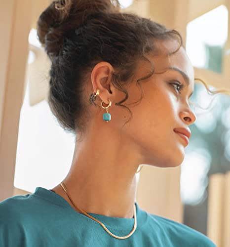Gold Plated Huggie Hoop Earrings with Charms Fashion Pearl Drop Dangle Earrings for Women Handmade Karma Circle Jewelry for Ladies Lightweight Pearl Earrings on Christmas - color: turquoise-blue