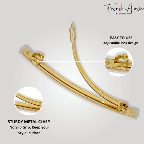 French Amie Long and Skinny Bar Solid Ivory Large 4 1/4" Celluloid Acetate Handmade Automatic Hair Clips Hair Barrette with No Slip Sturdy Silver Clasp for Women and Girls, Made in France (Ivory) - color: Ivory