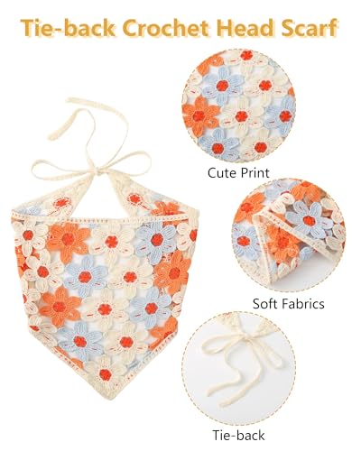 AWAYTR Crochet Head Scarf Hair Bandanas Women Knit Bandana Headband Scarf Tie-Back Head Coverings Floral Headscarf - color: Orange + Blue + Yellow