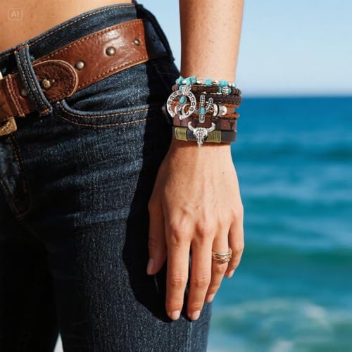 Western Outfit for Women Bohemian Vintage Stackable Turquoise Bracelet Rustic Beaded Cow Head Charm Stretch Bracelet Western Jewelry Country Concert Outfits for Women - style: Style7