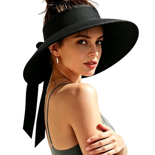 Women's Sun Visor Hats Wide Brim Beach Hat Straw Ponytail Visor Packable Foldable UPF 50+ Floppy Travel Hats - color: Black01
