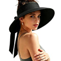 Women's Sun Visor Hats Wide Brim Beach Hat Straw Ponytail Visor Packable Foldable UPF 50+ Floppy Travel Hats - color: Black01
