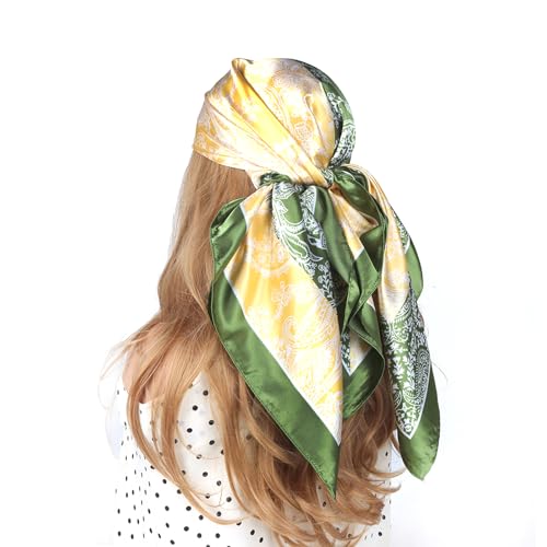 35 Inches Silk Head Scarf-Satin Hair Scarves Silk Bandana Scarf Headscarf for Women's Fashion Scarves - color: Green-spliced Cashews