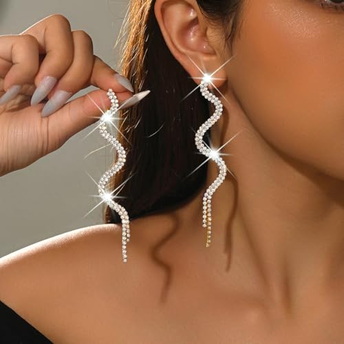 Sparkling Rhinestone Wave Earring Gold Tassel Earrings Long Fringe Chandelier Drop Earrings Wedding Prom Bridesmaid Fashion Jewelry Accessary for Women - color: Gold