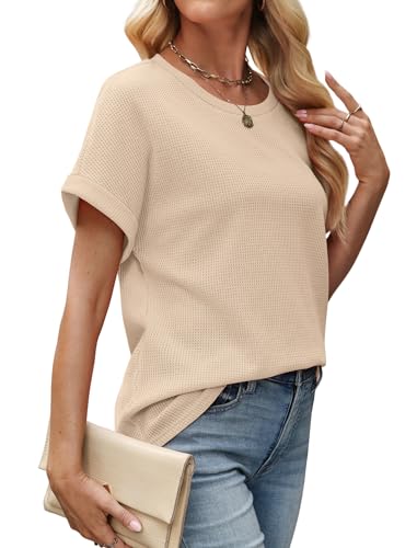 Sampeel Summer Tops for Women 2026 Trendy Rolled Short Sleeve Shirts Waffle Knit Crew Neck Tops Curved Hem Fashion Clothing - color: Beige, size: Large