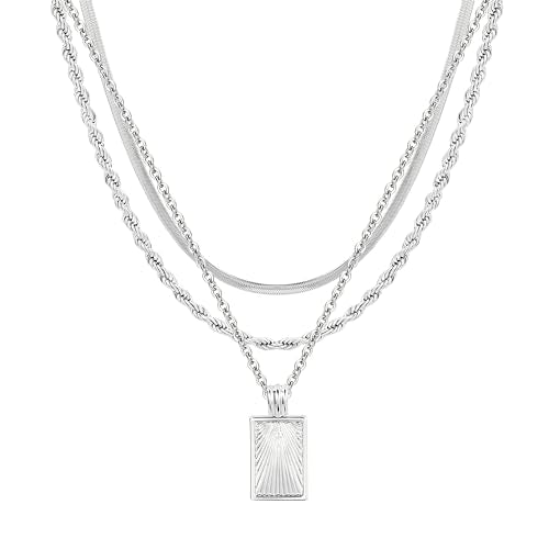 BBV Layered Gold Necklaces for Women Stackable Dainty 14K Gold Plated Silver Chain Necklace Layering Cute Fashion Pendant Choker Necklaces Trendy Jewelry Set Gifts for Women - color: silver, style: Rope twist snake chain O-ring chain texture