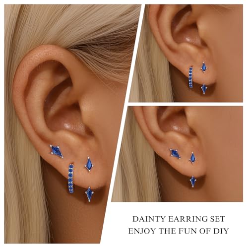 GEORGE · SMITH Stackable Kite Stud Earrings Set for Women, Gold & Silver Huggie Birthstone Jewelry with Emerald Green & Blue Sapphire, Trendy Earrings for Women 2025 - color: silver blue saphire kite stud