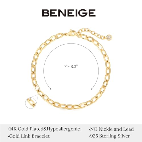 BENEIGE Women Bracelet 14K Gold Plated Paperclip Satellite Bead Ball Oval Cuba Cable Box Chain Daily Charm Layered Link Silver Bracelets Adjustable Jewelry - style: Paperclip Circle