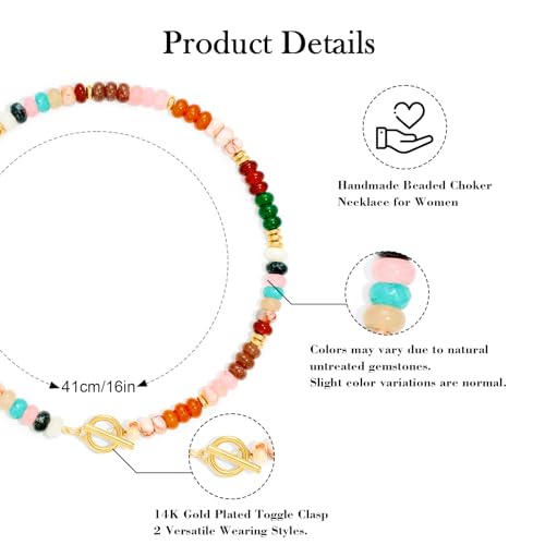 Colorful Beaded Necklace for Women Gemstone Bead Chokers Toggle Boho Natural Stone Surfer Necklaces Summer Beach Jewelry - color: B-Pink&Orange