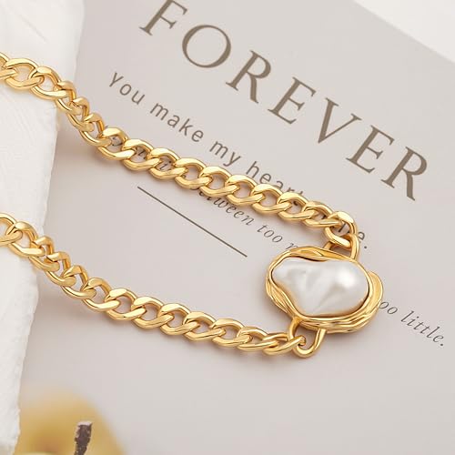 Aobei Pearl 18K Gold Plated Paperclip Chain Choker Satellite Chain Freshwater Cultured Biwa Pearl Pendant Necklace Dainty Turquoise Jewelry for Women - color: 18K Gold Plated Cuban Chain Baroque Pearl