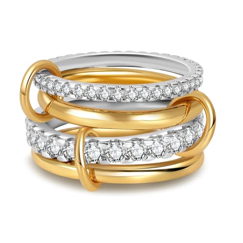 COOSLIM Gold Stackable Rings for Women, 18K Gold Plated Cubic Zirconia Rings, Mixed Metals Stackable Ring Set Silver Gold Multi Ring for Women Non Tarnish - color: gold sliver -1, size: 5