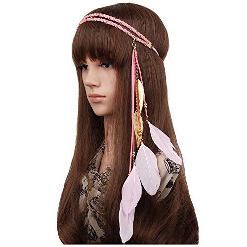 WLBON Halloween Boho Feather Headband Hippie Indian Leaf Hair Hoops Bands Tassel Bohemian Headpiece Hairband Women Xmas Wedding Festival Masquerade Cosplay Dress Up Birthday Party Accessories Pink - color: Pink Tone