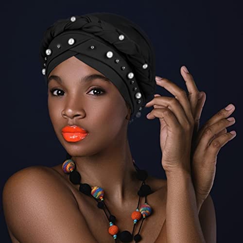 African Women Turban Caps Beanie Pre-Tied Twisted Braids Headwraps for Women Head Scarf Chemo Cancer Headwear Cap - color: 3 Pack Twisted Braid: Pearls (Red/Navy/Black)