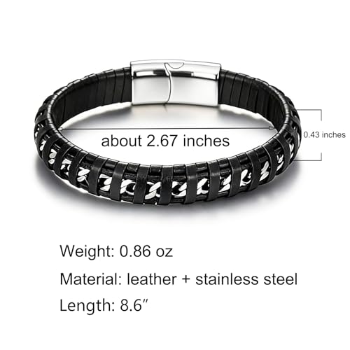 Men's Leather Bracelet, Stackable Stainless Steel Clasp Bracelets for Men Stylish Birthday, Thanksgiving, Valentine's Day Gift for My Man - style: 8.6" Embedded Cuban Chain