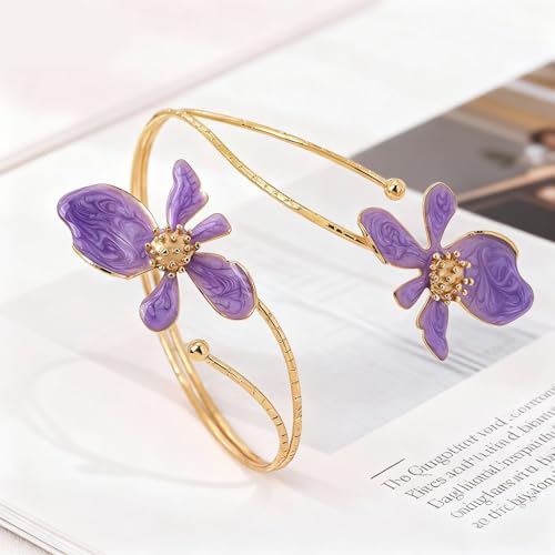Arm Cuff Jewelry for Women Adjustable Flower Cuff Bangle Bracelet Gold Armband Upper Jewelry Gifts for Women Boho Western Accessories - color: B1:purple flower