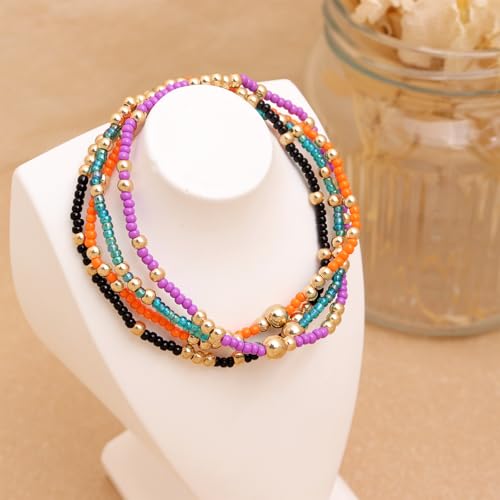 Gold Beaded Stackable Friendship Bracelets Set for Women, Handmade Boho Stretch Summer Jewelry Gift. - color: gold orange purple black blue