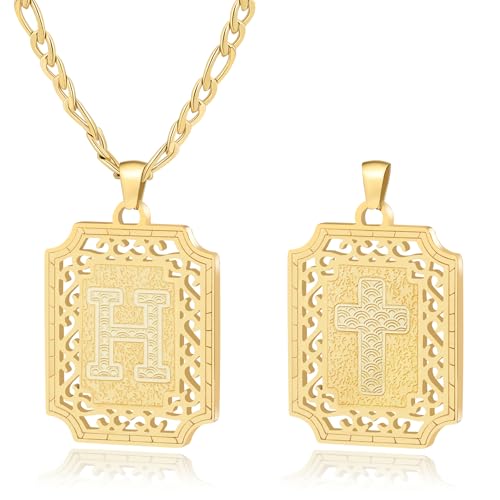 LETFLY Initial Necklaces for Women Men, 18K Gold Plated Letter Cross Pendant Necklace Alphabets A-Z Figaro Chain Jewelry Gifts - color: Square, style: Letter H