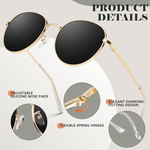 GQUEEN Retro Round Polarized Sunglasses Womens Men Spring Hinge Metal Frame Trendy Hippie Oval Sun Glasses Shades UV400 - color: 2 Gold Black & Tortoise Green