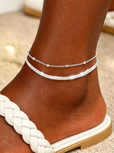 Yalice 925 Silver Ankle Bracelets Chain for Women Dainty 14K Gold Plated Waterproof Beads Anklets Layered Beach Foot Jewelry Gift - color: Silver-Snake Chain